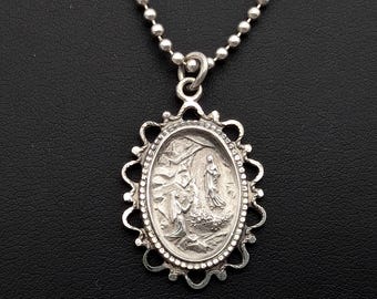 Antique Grotto of Lourdes: Place of the Apparitions of the Virgin Mary Pendant Necklace Signed HMH