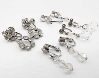 4 Pairs of 1960's Vintage Silver Tone Clip On/Screw Back Rhinestone & Crystal Earrings