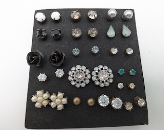 17  Pairs of Vintage Stud Earrings: Rhinestone, Crystal, Cz, Faux Pearl & More