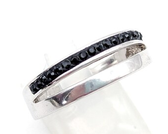 Sterling Silver & Black Swarovski Crystal Double Band Ring - Size 9