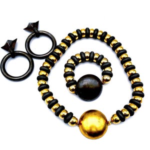 Vintage Bronze & Gold Statement Demi-Parure; Necklace, Bracelet and Earrings
