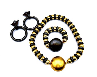 Vintage Bronze & Gold Statement Demi-Parure; Necklace, Bracelet and Earrings