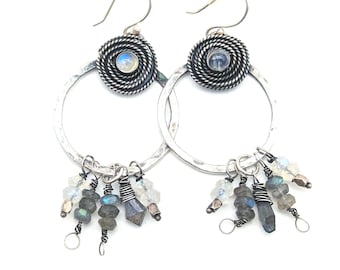 Artisan Moonstone, Labradorite & Oxidized Sterling Silver Dangle Earrings