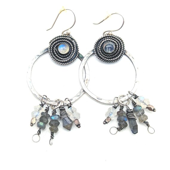 Artisan Moonstone, Labradorite & Oxidized Sterling Silver Dangle Earrings