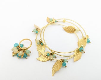 Vintage Beaded Leaf Bangle Bracelets & Ring Set - Ring Size 6.5