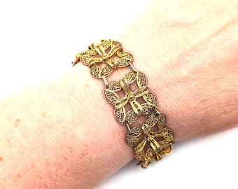 Sterling Silver Filigree Gold Vermeil Floral Link Bracelet - 7.5"