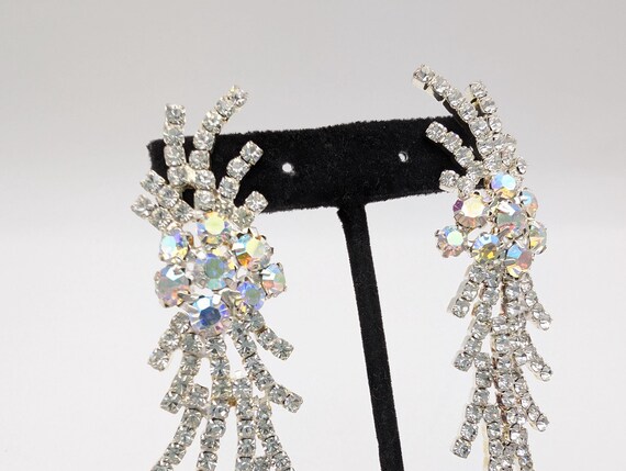 Long Silver Plated & Rhinestone Statement Earring… - image 4