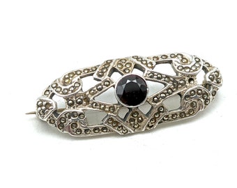 Vintage Garnet, Marcasite & Sterling Silver Brooch