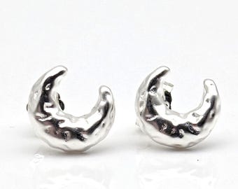 Hammered Sterling Silver Cresent Moon Stud Earrings