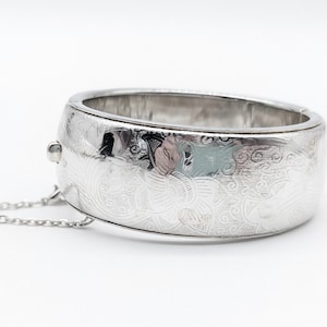 Wide Etched Floral Silver-Plated Hinged Bangle - 7&quot;