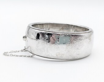 Wide Etched Floral Silver-Plated Hinged Bangle - 7"