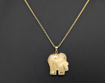 Vintage Carved Jade & 18K Gold Plated Elephant Pendant Necklace - 18"