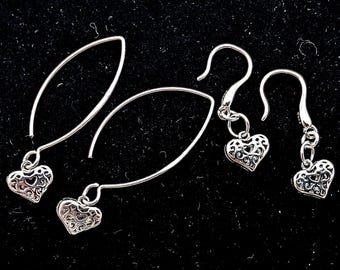 Platinum Plated Sterling Silver Filigree Heart Earrings; Charm Dangle, Puffed Heart