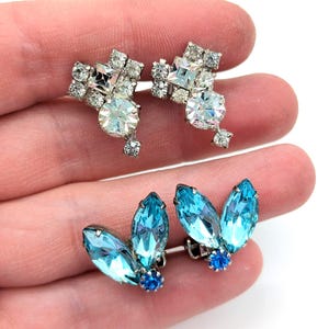 Two Pairs of Vintage Silver Tone Rhinestone Earrings, Blue Clip and Clear Screw Back
