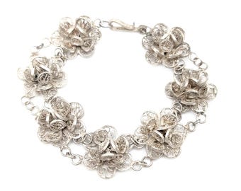 Antique Spun Silver Floral Filigree Link Bracelet  - 7.75"
