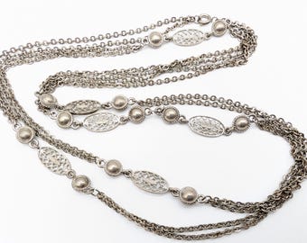 Vintage Antiqued Silver Tone Station Necklace With Filigree Links - 46"