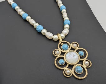 Vintage Kiam Family Faux Turquoise & Pearl Convertible Pendant Necklace - 16-19" Adjustable