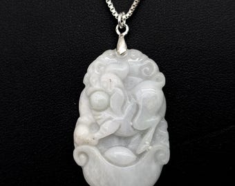 Sterling Silver & Carved Jade Chinese Zodiac Horse Pendant Necklace - 20"