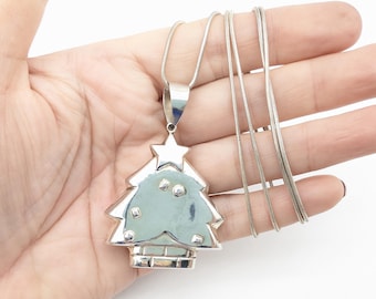 Sterling Silver Puffed Christmas Tree Pendant Necklace - 33"