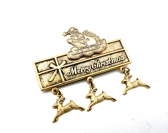 Vintage Santa & Dangling Reindeer Gold Tone Merry Christmas Brooch