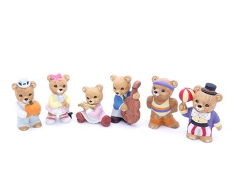Six Vintage Homco Bear Figurines; Sport, Music, Pumpkin, Carnival