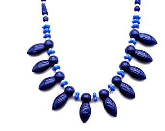 Vintage Navy & Royal Blue Glass Bead Bib Necklace