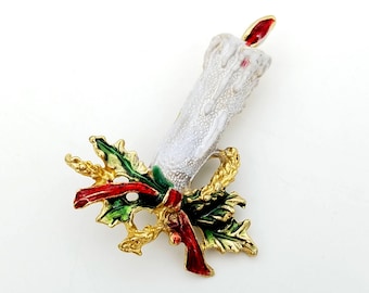 Vintage White Christmas Candle Brooch with Holly Leaves and Red Enamel Bow