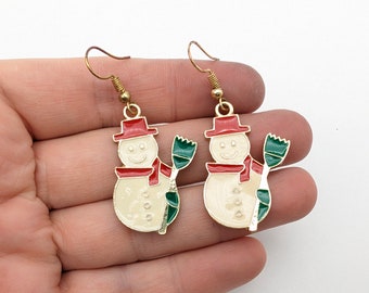 Vintage Gold Tone & Enameled Snowman Dangle Earrings - 2"