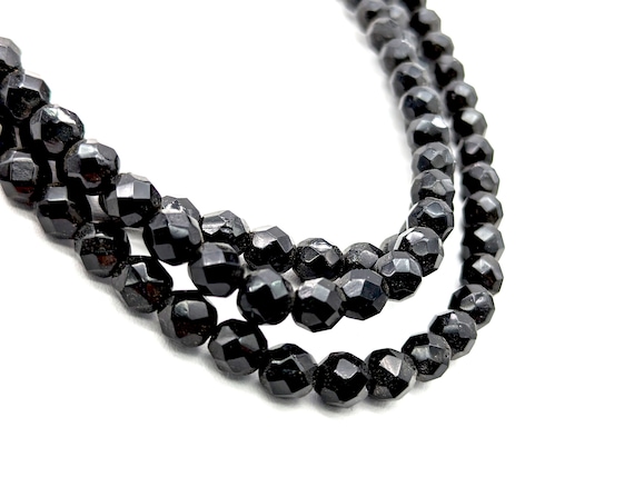 1960s Triple Strand Faceted Black Glass Bead Necklace 20.5