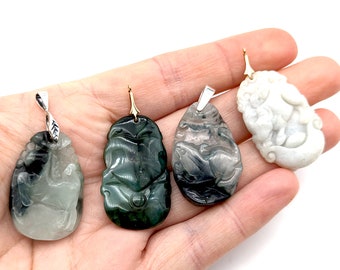 Carved Green & White Jade Chinese Zodiac Pendants With Sterling or Gold Filled Bails
