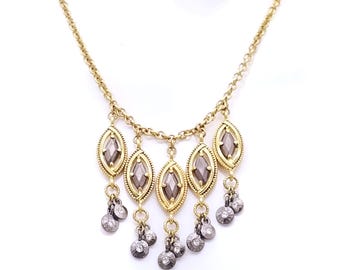 Monet Gold Tone Victorian Style Necklace With Marquise Dangles & Rhinestones - 15.5 - 18" Adjustable