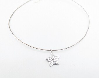 Sterling Silver CZ Star Pendant Collar Choker Necklace