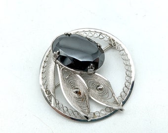 Vintage Sterling Silver & Hematite Floral Circle Brooch
