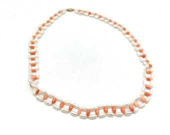 Vintage White Rice Pearl & Pink Coral Bead Necklace With 14K Gold Clasp - 19"