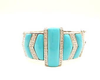 Turquoise Lucite, CZ & Silver Plated Hinged Art Deco Bangle Bracelet