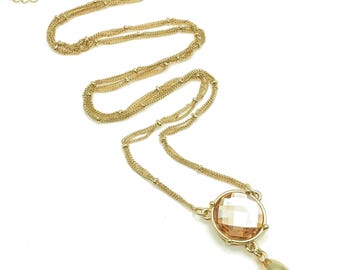 Peachy Pink Rhinestone Dangle Pendant Multi-strand Chain - 32"