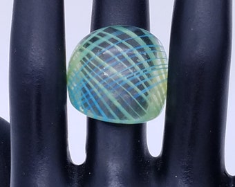 Vintage Blown Glass Blue & Green Domed Statement Ring - Size 5.5