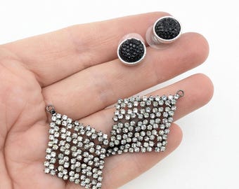 Convertible Black & White Crystal Diamond Shaped 2-Part Earrings