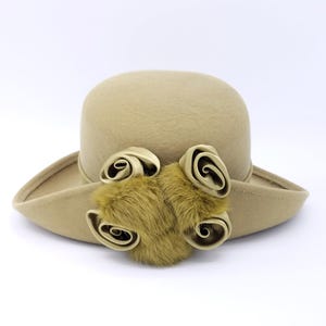 Milano Bowler Hat With Moss Green Felt, Rabbit Fur & Satin Silk Roses - Size Medium