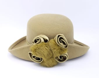 Milano Bowler Hat With Moss Green Felt, Rabbit Fur & Satin Silk Roses - Size Medium
