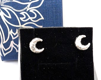 Hammered Sterling Silver Cresent Moon Stud Earrings