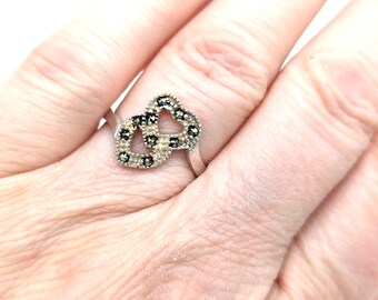 Vintage Sterling Silver & Marcasite Double Heart Ring - Size 8.5