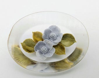 Vintage Hand-Carved Clear Lucite Blue Flower Brooch - 1 5/8"