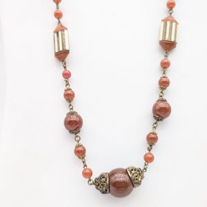 Antique Neiger Brothers Art Deco Carnelian Glass & Bronze Bead Necklace - 24&quot;