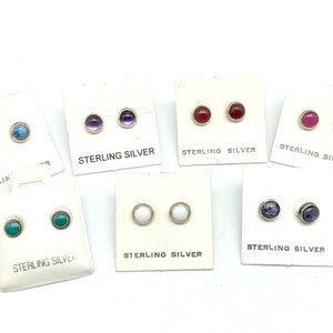 6mm Sterling Silver Stud Earrings; Choice of Purple, Blue, Pink, Red, White or Green