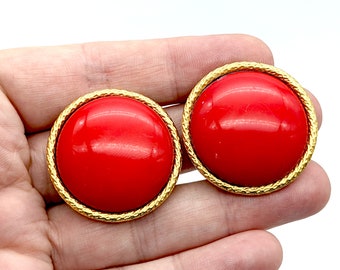 Signed Les Bernard Large Red Lucite & Gold Tone Clip Circle Earrings - 1.25"