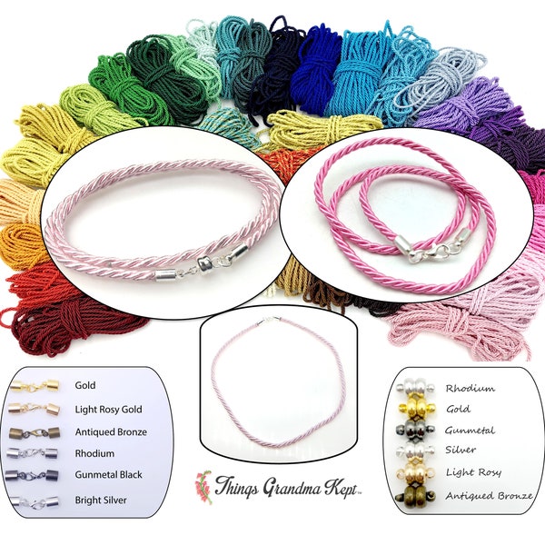 3mm Twisted Satin Silk Cord Necklaces, Choice of Color, Clasp, Length