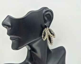 Vintage Silver Tone & Black Rhinestone Prom / Wedding Earrings