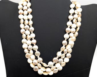 Vintage Monet Triple Strand Faux Coin Pearl Necklace or Choker- 16-18" Adjustable