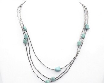 Triple Strand Native Liquid Sterling Silver & Turquoise Choker Necklace- 14.75"